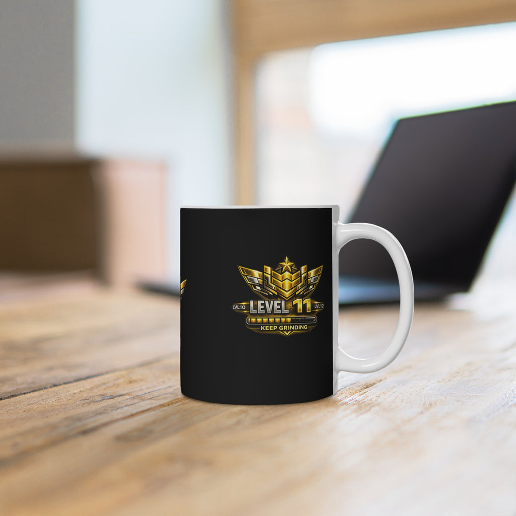 Level 11 Gaming Mug — Gold Badge "Keep Grinding" Ceramic Coffee Cup